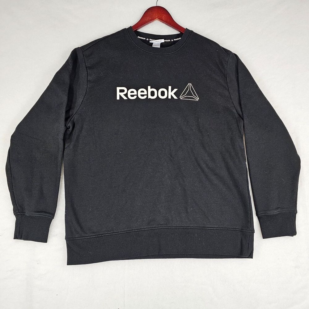 Reebok Mens Spell Out Logo Sweatshirt Crewneck Ribbed Long Sleeve Black Size XL